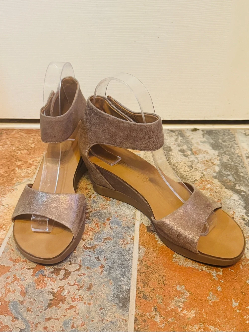 Fabulous Paul Green Tammy Metallic Gold BrushedSuede Wedge Velcro Closure Sandal